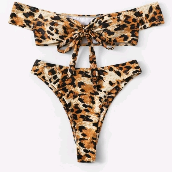 SHEIN Other - SHEIN Leopard Off Shoulder Top With High Cut Bikini